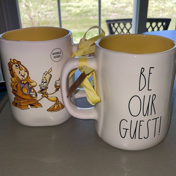 Rae Dunn Be Our Guest Mug with Cogsworth and Lumiere an the back - Picture 1 of 6